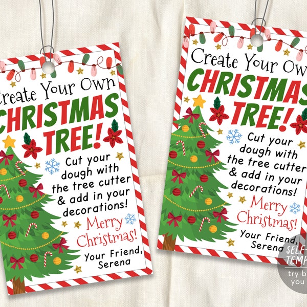 Create Your Own Christmas Tree Gift Tags Editable Template, Winter Break Holiday Classroom Play Dough Craft Favor Tag Printable Non Candy