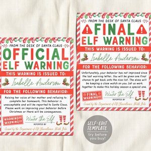 Elf Warning Report Editable Template, Official Christmas Behavior Report Final Warning, Elf Surveillance, Santa Warning Letter North Pole