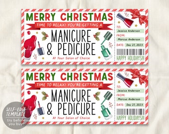 Christmas Manicure Pedicure Ticket Editable Template, Surprise Mani Pedi Gift Certificate, Nail Salon Spa Voucher Coupon Holiday Reveal DIY