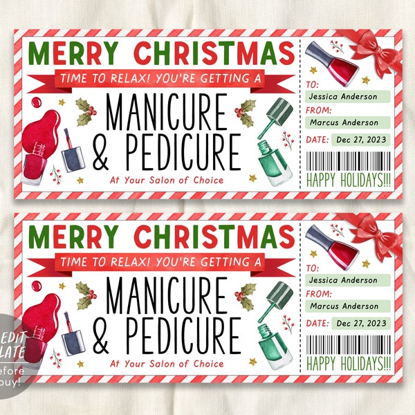 Christmas Manicure Pedicure Ticket Editable Template, Surprise Mani Pedi Gift Certificate, Nail Salon Spa Voucher Coupon Holiday Reveal DIY