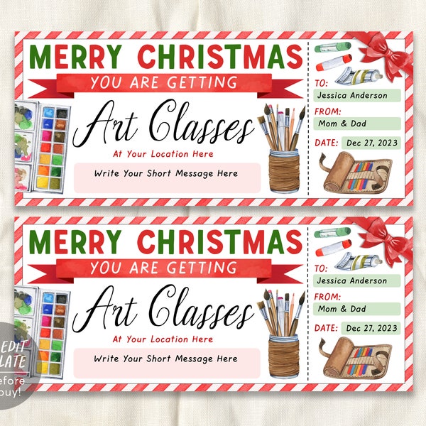 Art Class Christmas Gift Certificate Editable Template, Surprise Painting Lessons, Watercolor Experience Voucher, Holiday Reveal Coupon