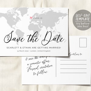 Boda de destino editable Guardar la plantilla de fecha, boda temática de viajes modernos, postal del mapa mundial DIY, pasaporte de viaje guardar la fecha