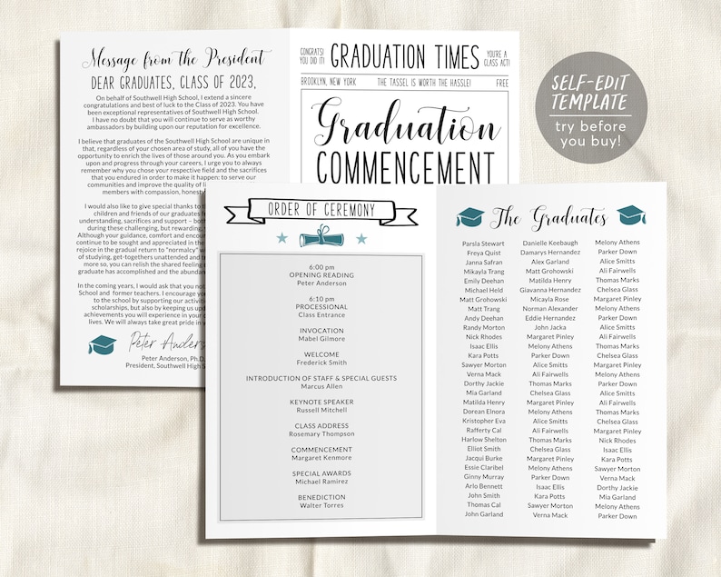 Graduation Program 8 Pages Graduation Program Editable Template, Pamphlet Booklet Newspaper High ...