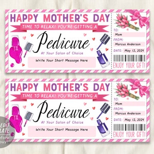 Modèle modifiable de billet de pédicure pour la fête des mères, chèque-cadeau de Mani Pedi surprise pour maman, bon de réduction pour une journée dans un salon de manucure et un spa