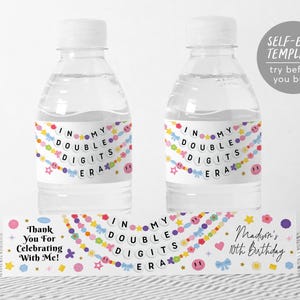 Plantillas editables de etiquetas para botellas de agua de In My Double Digits Era, etiquetas para envoltorios de bebidas para fiestas del décimo cumpleaños de Era, envolturas para pulseras de la amistad