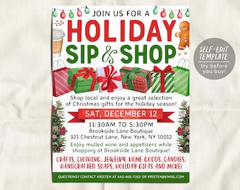May include: A festive invitation for a Holiday Sip & Shop event at Brookside Lane Boutique. The event will take place on Saturday, December 12th from 11:30 AM to 5:30 PM. The boutique is located at 321 Chestnut Lane, New York, NY 10012. The event will feature mulled wine, appetizers, crafts, clothing, jewelry, home goods, candles, handcrafted soaps, holiday gifts, and more.
