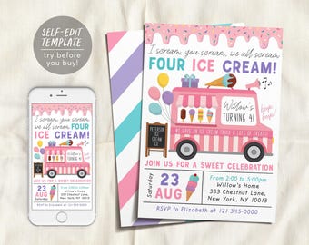 アイスクリームトラック招待状編集可能テンプレート、I Scream You Scream We All Scream Four アイスクリーム 4歳の誕生日パーティー、Here's The Scoop 招待状