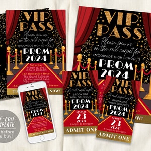 VIP Pass Prom Dance BUNDLE Set Bearbeitbare Vorlage, Roter Teppich Zugang Senior Heimkehr Flyer Einladungskarte, High School Gala Ticket