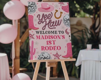 Letrero de bienvenida para el primer cumpleaños de rodeo de una niña, plantilla de decoración para fiesta de primer cumpleaños de vaquera disco, letrero del oeste imprimible, edita con Canva