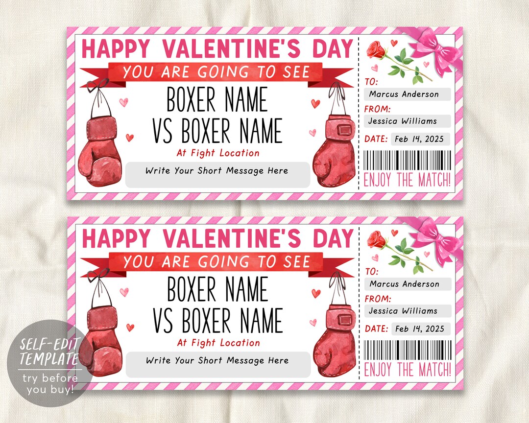 Valentines Day Boxing Ticket Gift Editable Template, Anniversary Boxing ...