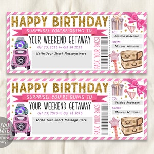 Surprise Weekend Getaway Gutschein bearbeitbare Vorlage, Geburtstagsreise Geschenkgutschein Geschenk für sie, Urlaubsreiseticket Staycation printable