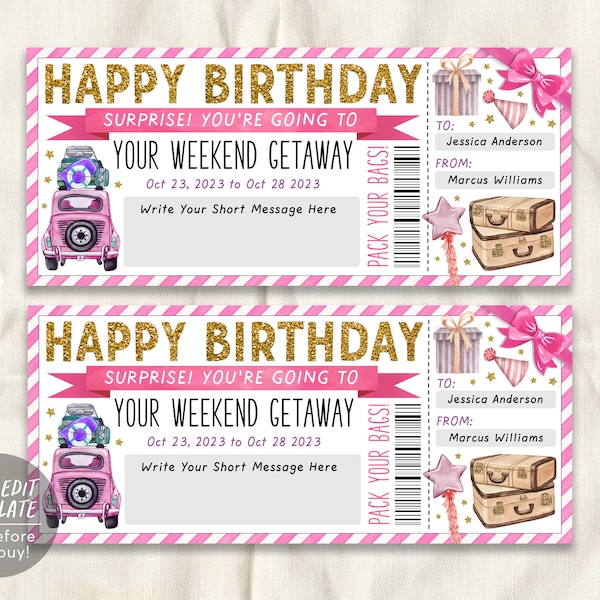 Surprise Weekend Getaway Voucher Editable Template, Birthday Trip Gift Certificate Gift For Her, Vacation Travel Ticket Staycation Printable