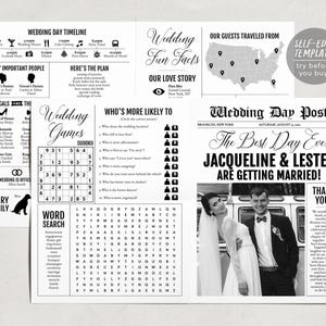 May include: A black and white wedding program template featuring a newspaper layout titled Wedding Day Post. It includes a wedding day timeline, a map of the United States, a Sudoku puzzle, a word search, and a photo of a couple.