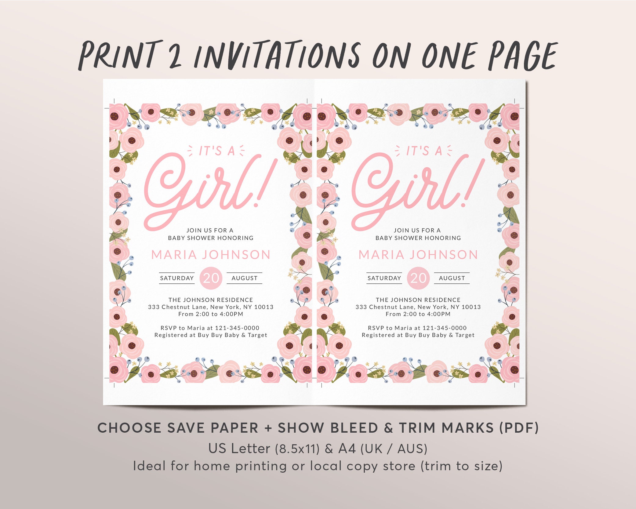 Editable Blush Pink Floral Baby Shower Invitation Template, It’s A Girl ...