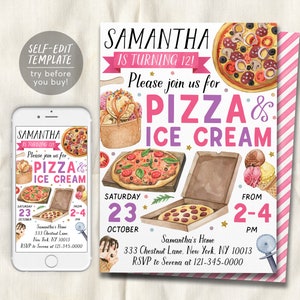 May include: A printable invitation for a pizza and ice cream party. The invitation features a watercolor illustration of pizza and ice cream. The text on the invitation reads "Samantha is turning 12! Please join us for pizza and ice cream. Saturday, October 23 from 2-4 PM. Samantha's Home, 333 Chestnut Lane, New York, NY 10013. RSVP to Serena at 121-345-0000."