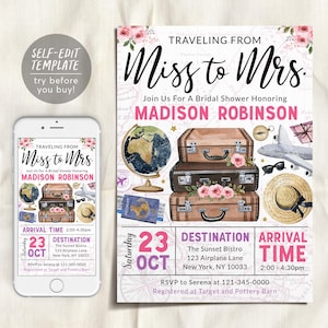 Travel Bridal Shower Invitation Editable Template, Floral Traveling from Miss to Mrs Invite, Vintage Map Adventure Engagement Couples Evite