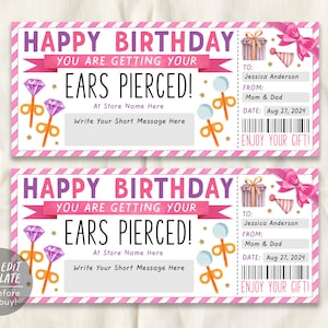 Ear Piercing Gift Voucher Editable Template, Birthday Surprise Gift Certificate First Piercing, Pierce Earring Coupon Teen Tween Printable