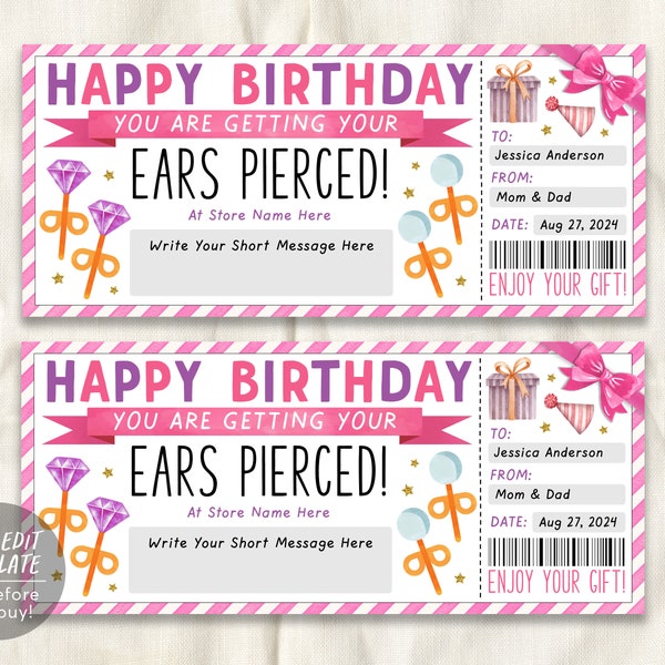 Ear Piercing Gift Voucher Editable Template, Birthday Surprise Gift Certificate First Piercing, Pierce Earring Coupon Teen Tween Printable