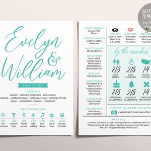 May include: A wedding invitation in teal and white. The invitation features the couple's names, "Evelyn & William", the wedding date, "August 23, 2022", and a wedding timeline. The invitation also includes a section titled "by the numbers" with details about the couple's relationship, including the number of days they've been together, the number of days they've been engaged, and the number of states they've visited together.