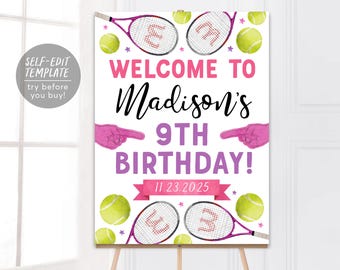 Plantilla editable de letrero de bienvenida para cumpleaños de tenis, póster de cumpleaños con raqueta y pelota de tenis para niña Wimble-One, póster deportivo, juego de torneo, conjunto de partidos