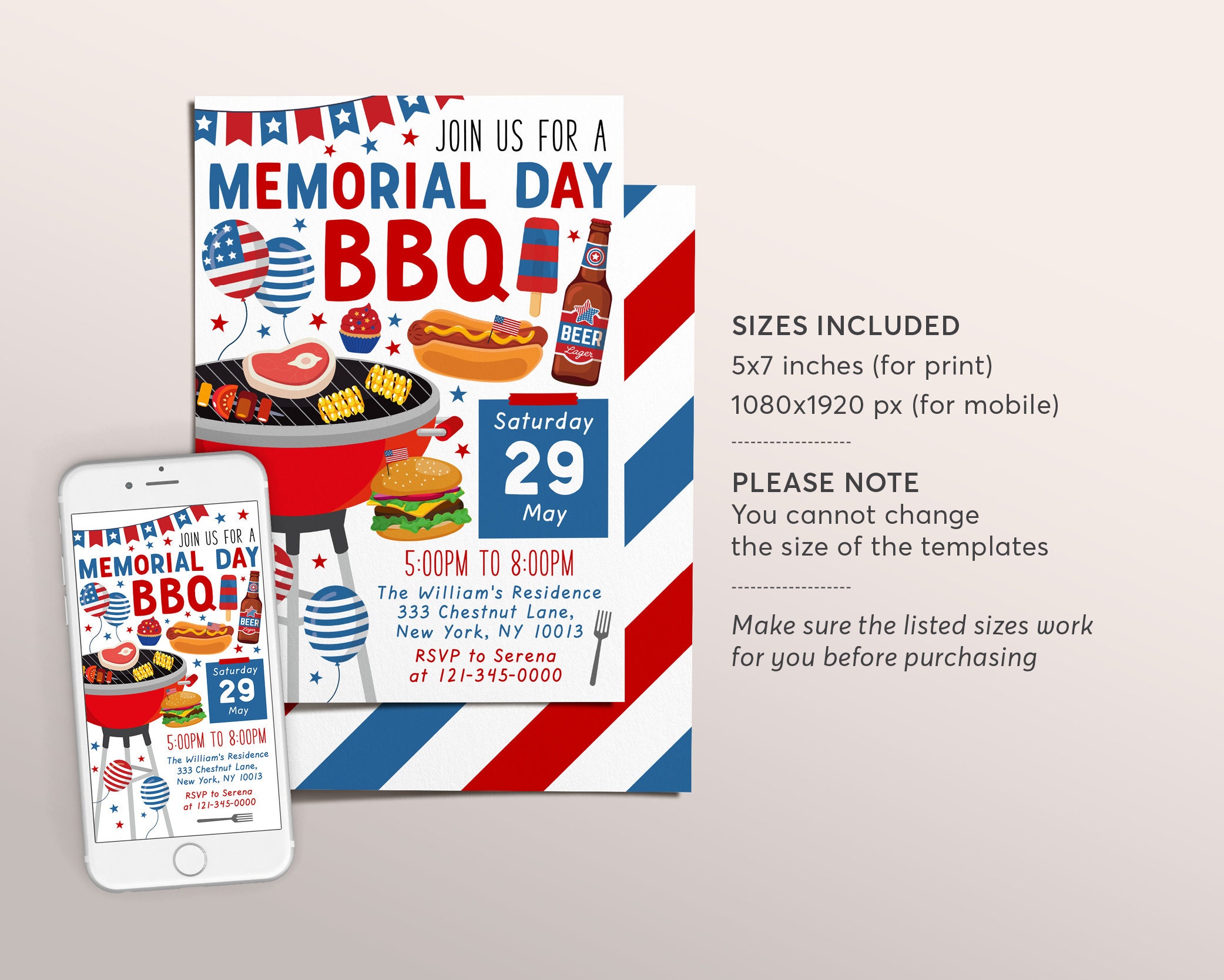 Memorial Day BBQ Invitation Editable Template, Patriotic Memorial Day ...