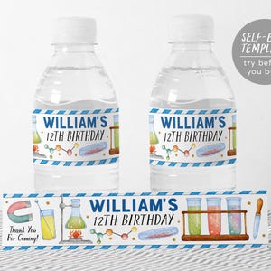 Wissenschaft Wasserflaschenetiketten bearbeitbare Vorlage, Jungen-Experiment-Geburtstagsfeier-Flaschenverpackungs-Getränkeanhänger, Kind-Science-Lab-Party-Getränkedekor