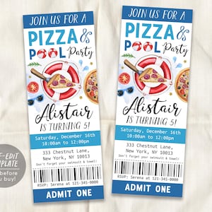 Pizza Pool Party Geburtstagsticket Einladung bearbeitbare Vorlage, Kinder Jungen Sommer Schwimmbad Pizza Party Bash Evite, Schulende Ticket
