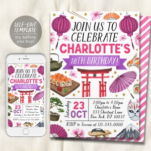 Japan Invite Japanese Themed Birthday Invitation Editable Template, Japanese Sushi ...