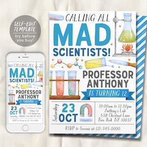 Pode incluir: Um convite de aniversário azul e branco com o texto "Calling all Mad Scientists!" e uma ilustração de desenho animado de béqueres, tubos de ensaio e outros equipamentos científicos. O convite é para a festa de aniversário de 12 anos do Professor Anthony, que será realizada no sábado, 23 de outubro, das 10h00 às 12h30 no Anthony's Lab. O endereço é 538 Chestnut Lane, Nova York, NY 10037. Confirme sua presença com Serena no número 121-345-0000.