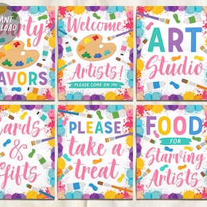 Pode incluir: Um conjunto de 8 sinais imprimíveis para uma festa com tema de arte. Os sinais apresentam respingos de tinta coloridos e pincéis. Os sinais dizem "Favores da festa", "Bem-vindos artistas!", "Estúdio de arte", "Cartões e presentes", "Por favor, pegue um doce", "Comida para artistas famintos", "Obrigado" e "Não se esqueça de assinar o livro de visitas".