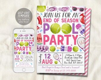 Tennis Pool Party Invitation Editable Template, Tennis End of Season Sports Team Pool Invite, Girl Backyard Team Party Cookout BBQ Evite