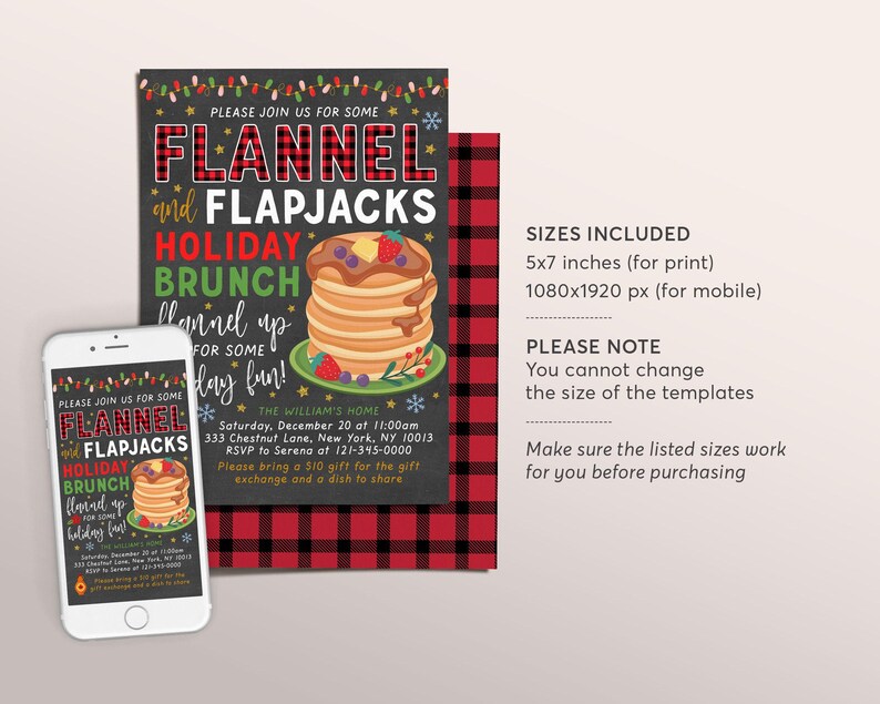 Plantilla editable de invitación para brunch navideño con franela y panqueques, Navidad con panqueques y pijamas, invitación navideña a cuadros de búfalo para fiesta de Navidad. imagen 2