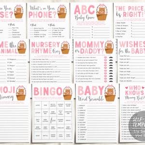 Teddy Bear GIRL Cute Baby Shower Games Bundle Editable Template, 12, Games, Bear Themed Bingo Emoji The Price Is Right Wishes For The Baby