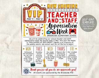 Hollywood Theme Teacher Staff Appreciation Week Itinerary Flyer Editable Template, Movie Theme Cinema VIP Schedule Newsletter Poster PTO PTA