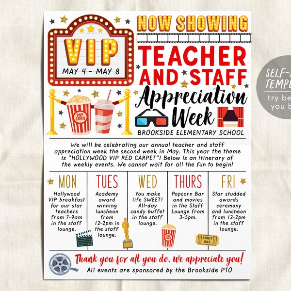 Hollywood Theme Teacher Staff Appreciation Week Itinerary Flyer Editable Template, Movie Theme Cinema VIP Schedule Newsletter Poster PTO PTA
