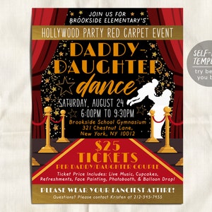 May include: Red and gold Hollywood-themed invitation for a Daddy-Daughter Dance. The invitation features a red curtain backdrop with gold stars and a silhouette of a father and daughter dancing. The text reads "Daddy-Daughter Dance" and includes the date, time, location, and ticket price. The invitation also includes the text "Please wear your fanciest attire!" and a contact number.