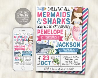 May include: A birthday invitation template featuring a mermaid and a shark with the text CALLING ALL MERMAIDS & SHARKS JOIN US TO CELEBRATE! PENELOPE IS TURNING 9 JACKSON IS TURNING 4 Saturday 23 OCT 2:00pm to 4:30pm Anderson's Home 333 Water Lane New York, NY 10037.