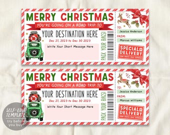 May include: A rectangular Christmas gift ticket template featuring a green vintage car with luggage on top, a reindeer, and a red bow. Text includes MERRY CHRISTMAS, YOU'RE GOING ON A ROAD TRIP TO, YOUR DESTINATION HERE, Dec 27, 2023 to Dec 30 2023, and SPECIAL DELIVERY.