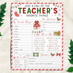Cuestionario para profesores de Algunas de mis cosas favoritas, plantilla editable, formulario de encuesta de agradecimiento para profesores para las fiestas de Navidad, lista de deseos
