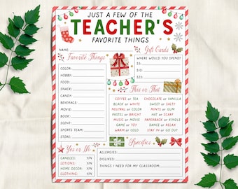 A Few Of My Favorite Things Teacher&#39;s Questionnaire Editable Template, Holiday Christmas Teacher Appreciation Gift Survey Form Wishlist