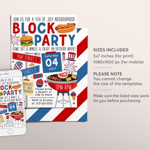 May include: Printable invitation for a 4th of July block party. The invitation features a red, white, and blue color scheme with illustrations of hot dogs, hamburgers, fireworks, and a grill. The text on the invitation reads "Join us for a 4th of July Neighbourhood Block Party" and "Come out & Mingle & Enjoy an Outdoor Movie!" The invitation also includes the date, time, and RSVP information.