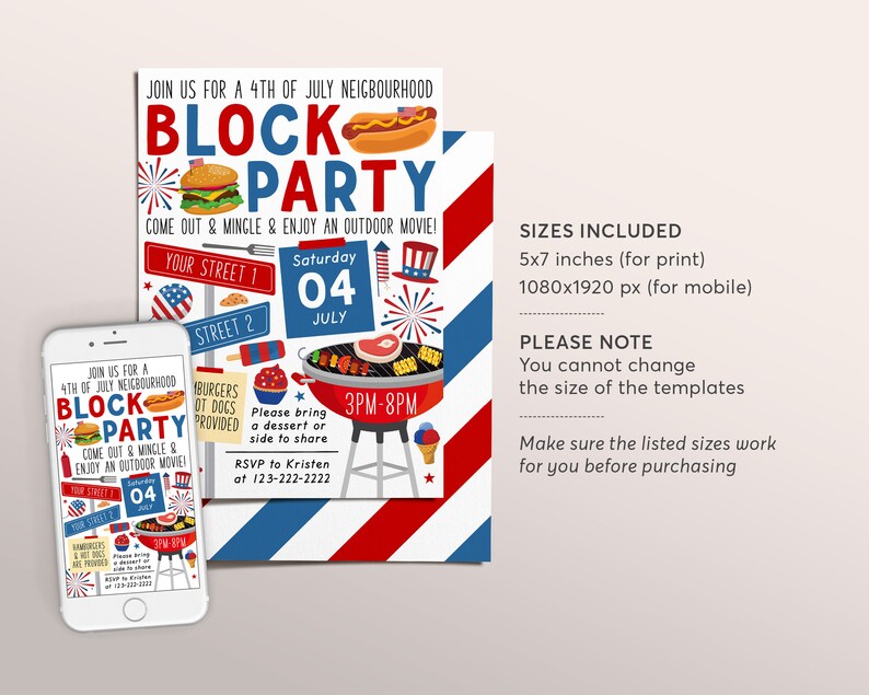 May include: Printable invitation for a 4th of July block party. The invitation features a red, white, and blue color scheme with illustrations of hot dogs, hamburgers, fireworks, and a grill. The text on the invitation reads "Join us for a 4th of July Neighbourhood Block Party" and "Come out & Mingle & Enjoy an Outdoor Movie!" The invitation also includes the date, time, and RSVP information.