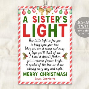 Modelo editável de etiqueta para cartão de luz de uma irmã, ornamento de Natal com poema de luz de irmã, etiquetas para lembrancinhas de agradecimento e apreciação de feriados para impressão
