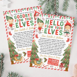 May include: Two Christmas cards with festive illustrations and text. One says "Goodbye From Your Elves," the other says "Hello From Your Elves." Both cards feature elves, Christmas trees, and a sleigh.