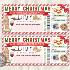 Modello modificabile della carta d'imbarco del biglietto di viaggio in Italia, rivelazione delle vacanze di viaggio a sorpresa di Natale del biglietto aereo di Roma