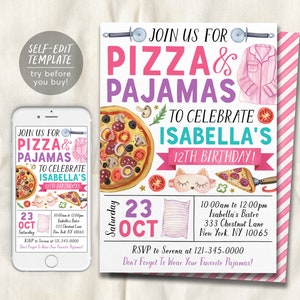 Pizza and Pajamas Birthday Invitation Editable Template, Girl Pizza And PJs Party Invite, Kids Pizzeria Slumber Party Evite, Slice Of Fun