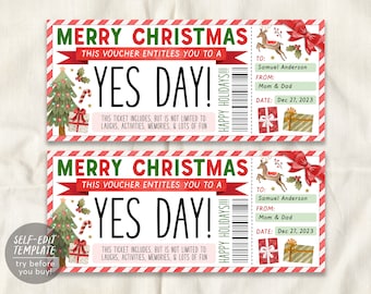 Christmas Yes Day Ticket Editable Template, Surprise Best Day Ever Gift Certificate For Kids Holiday Gift Card Fun Experience Voucher Coupon