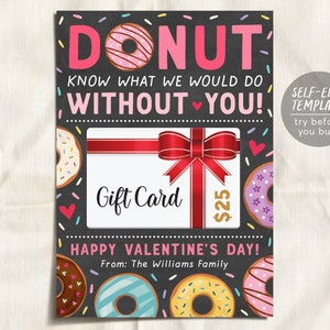 Modelo editável de porta-cartões de presente para loja de rosquinhas de café dos namorados, rosquinha o que faríamos sem você, babá professora do dia dos namorados