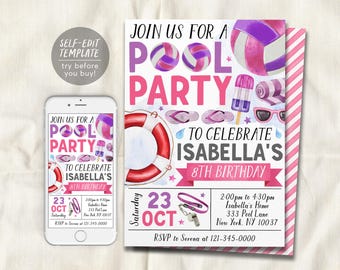 May include: A pool party invitation template featuring watercolor illustrations of volleyballs, a life preserver, flip-flops, a popsicle, and sunglasses. The text reads Join Us For A Pool Party To Celebrate Isabella's 8th Birthday, 23 Oct, and event details.
