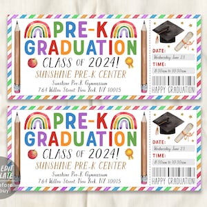 Pre-K Abschlusszeremonie Ticket bearbeitbare Vorlage, Einladungsansage für den Schulabschluss, Schulabschlussfeier für die Vorschule einladen DIY